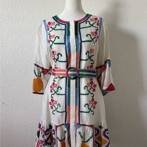 FARM Rio White and Green Sundress with 3/4 Bishop Sleeves and Mandarin Collar